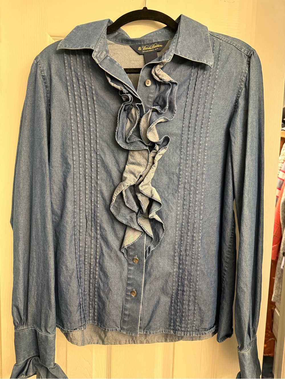 Brooks Brothers Denim Ruffle Front Shirt - Light Blue